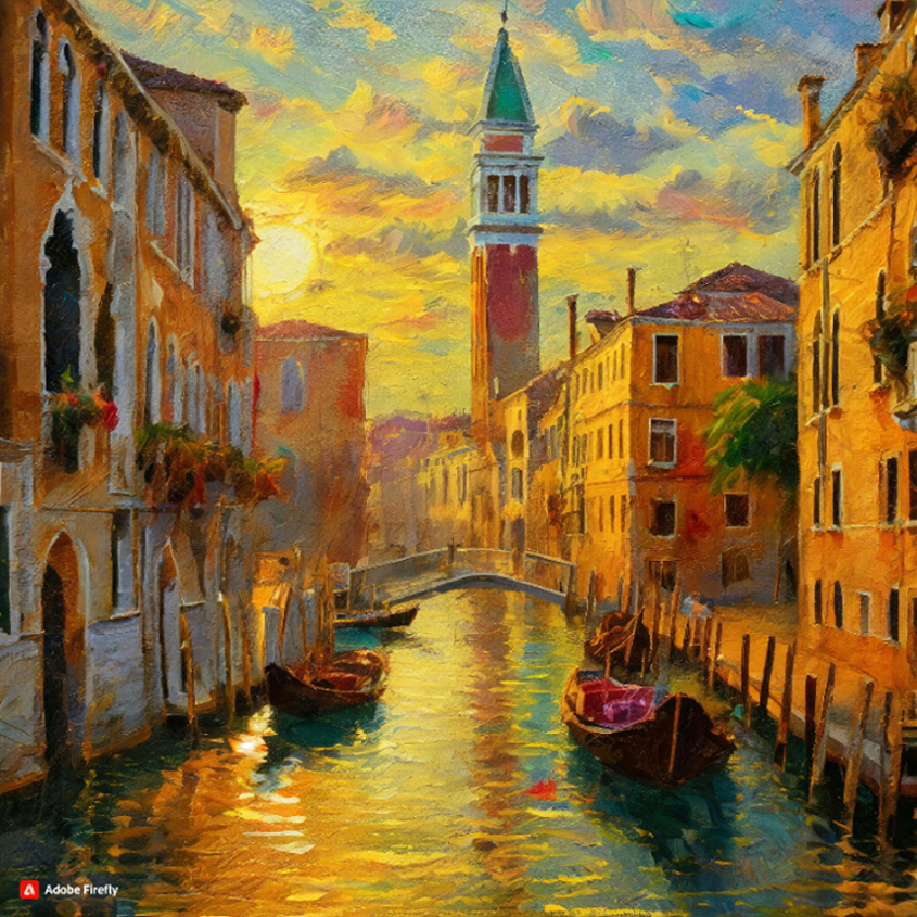 Venice, Italy, City of Canals, Polished copper metallic steampunk Venice, gigantic buildings surrounding, sharp focus, studio photo, intricate details, highly detailed, dreamscape, golden hour